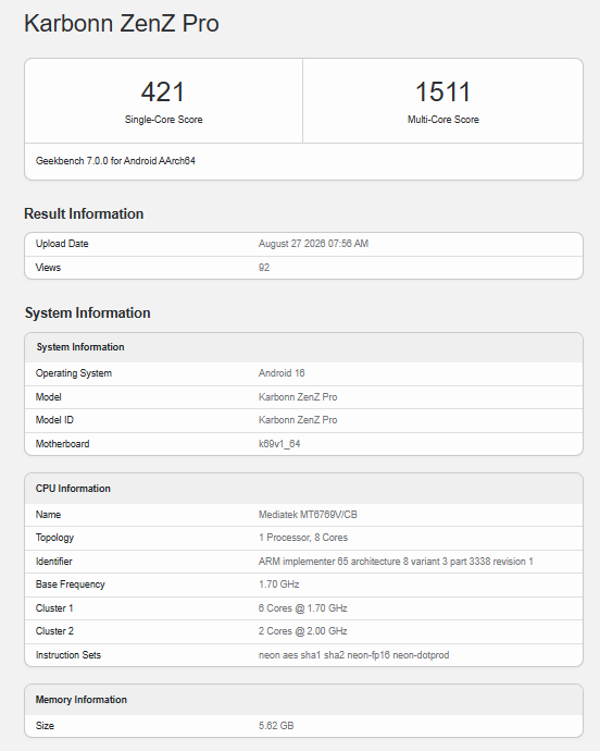Karbonn ZenZ Pro Geekbench benchmark