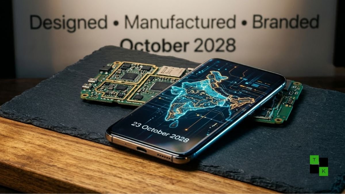Conceptual blueprint of an Indian-designed smartphone motherboard and processor beside an illuminated modern smartphone displaying October 23, 2028.