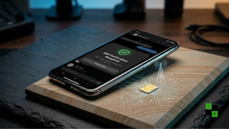 Smartphone running WhatsApp displaying a SIM binding verification alert beside an Indian telecom Nano SIM card and a digital cyber security lock.