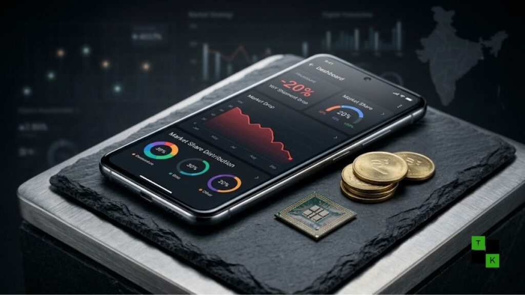 Conceptual visualization of declining smartphone shipments in India showing downward market graphs, Indian Rupee coins, and modern mobile devices.