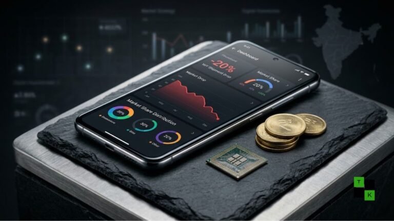 Conceptual visualization of declining smartphone shipments in India showing downward market graphs, Indian Rupee coins, and modern mobile devices.