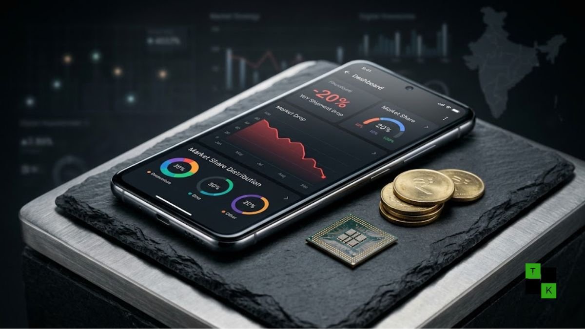 Conceptual visualization of declining smartphone shipments in India showing downward market graphs, Indian Rupee coins, and modern mobile devices.