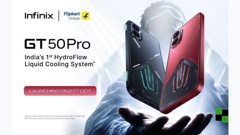 The Infinix GT 50 Pro gaming smartphone in Silver Glacier and Black Abyss displayed on a futuristic esports plinth with illuminated rear mini-LED light strips.
