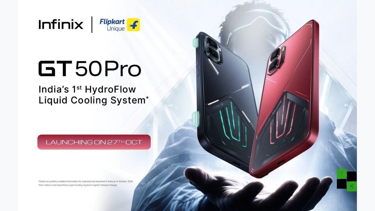 The Infinix GT 50 Pro gaming smartphone in Silver Glacier and Black Abyss displayed on a futuristic esports plinth with illuminated rear mini-LED light strips.
