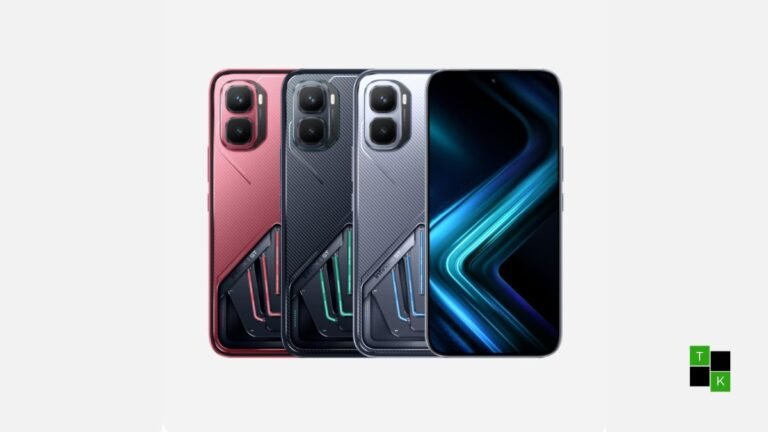 Infinix GT 50 Pro gaming smartphone in Red Blaze finish showing its Cyber Mecha rear panel and glowing LED accents.