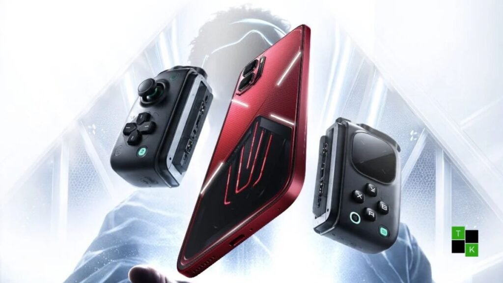 Infinix GT 50 Pro smartphone in Red Blaze finish resting on a dark slate gaming desk beside its bundled GT NX Controller and cooling fan.
