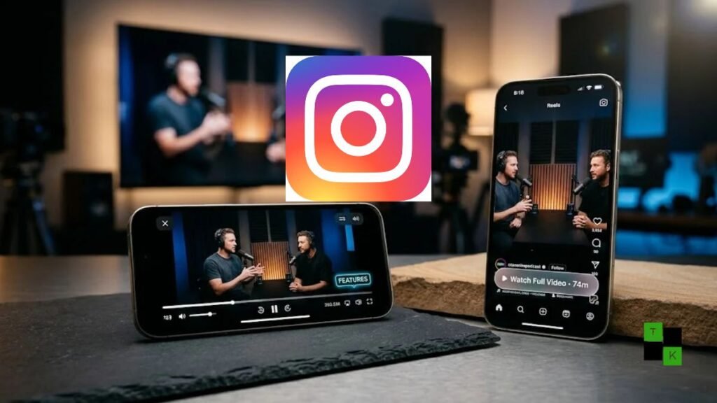 Conceptual illustration showing a smartphone displaying a horizontal 16:9 video on Instagram linked to an Apple TV in a modern living room.
