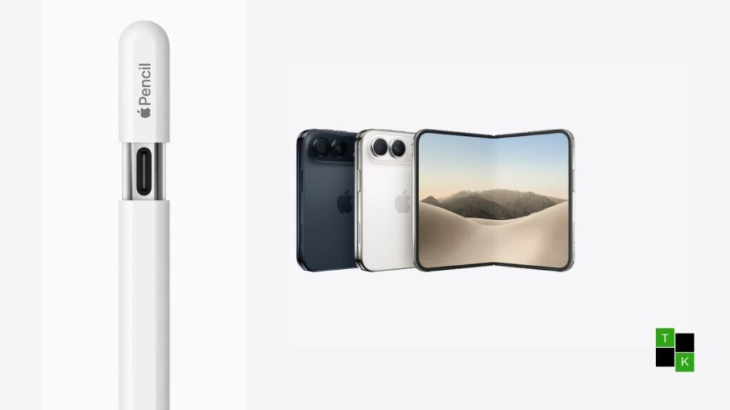 Unfolded Apple iPhone Duo foldable smartphone in Night Sky finish with white Apple Pencil USB-C writing on its 7.6-inch display.