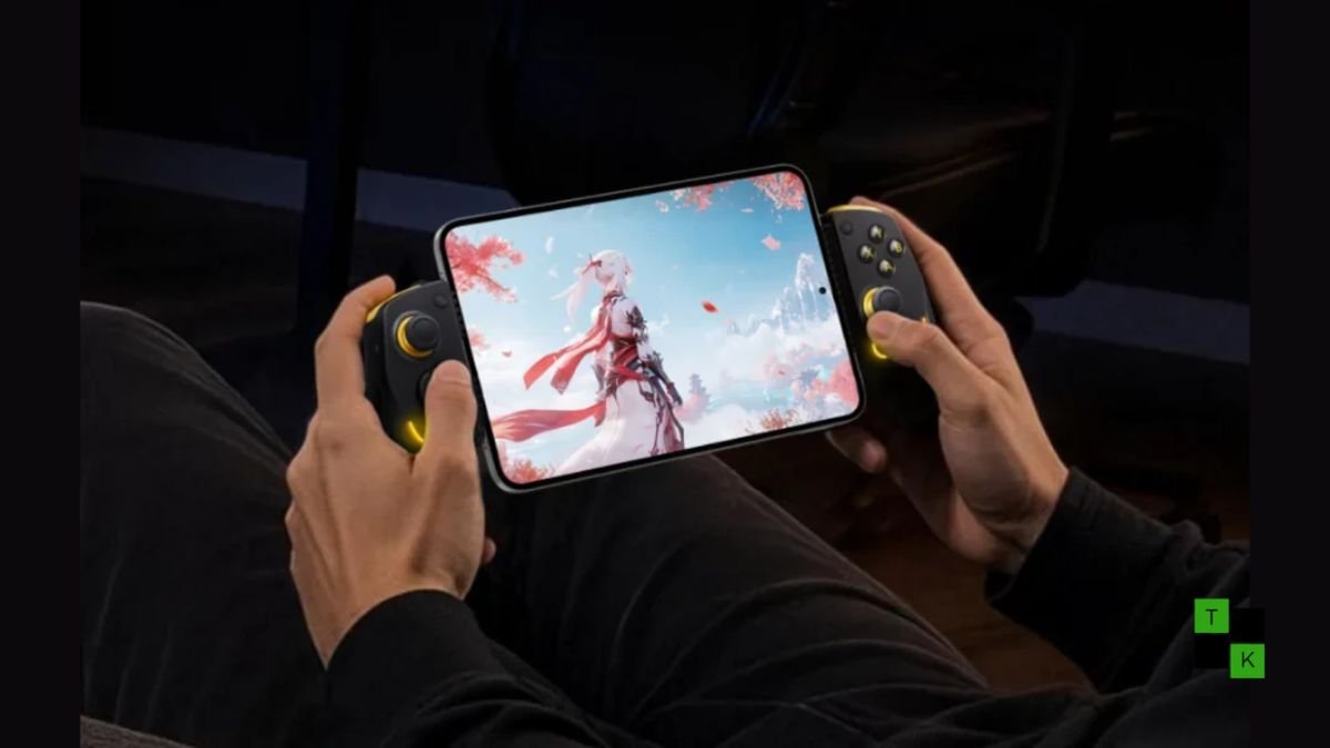 iQOO G1 telescopic gaming controller with Dual Hall joysticks clamped onto an 8.8-inch gaming tablet on an architectural slate plinth.
