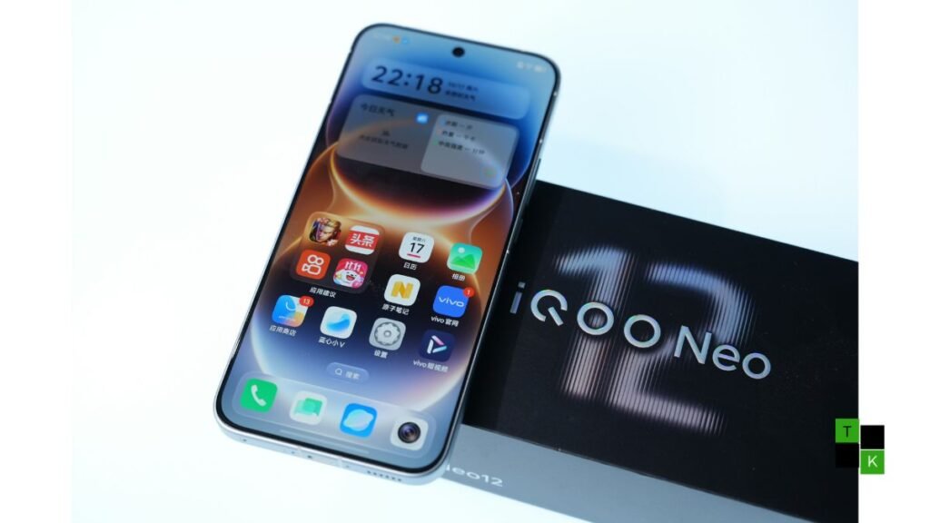 iQOO Neo 12 gaming smartphone in Zhengfeng colorway showing square camera island and 185Hz flat 2K OLED display.