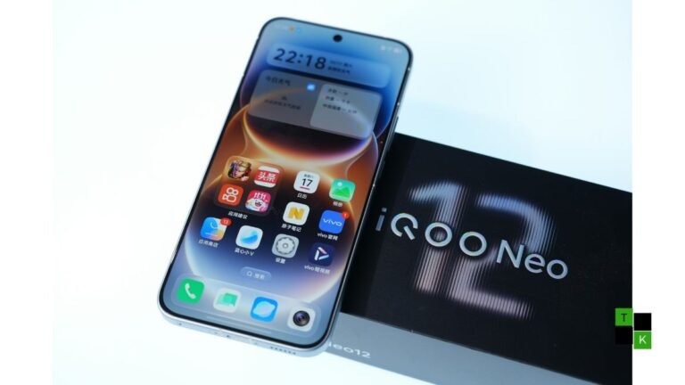 iQOO Neo 12 gaming smartphone in Zhengfeng colorway showing square camera island and 185Hz flat 2K OLED display.