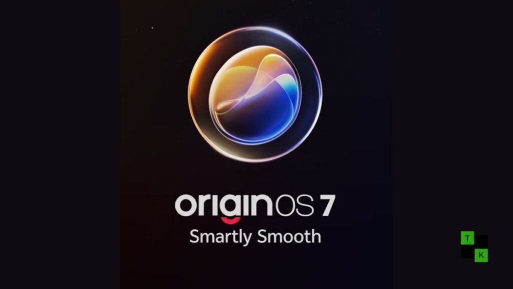 An iQOO 15 smartphone displayed on a sleek tech pedestal showing an OriginOS 7 update screen alongside a calendar schedule from October 2026 to February 2027.