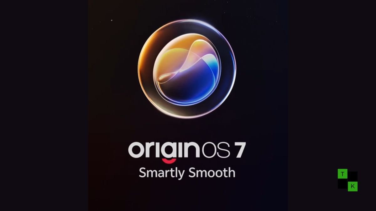 An iQOO 15 smartphone displayed on a sleek tech pedestal showing an OriginOS 7 update screen alongside a calendar schedule from October 2026 to February 2027.