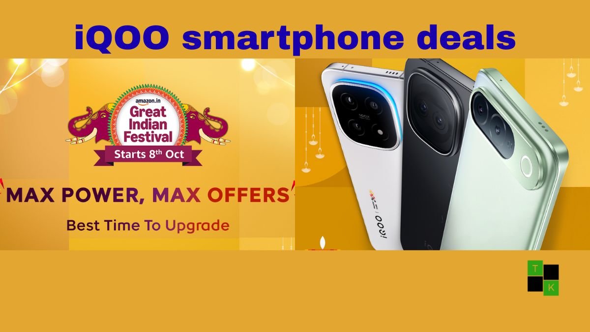 An array of iQOO smartphones including the iQOO 15, iQOO 15R, and iQOO Z11 displayed against a warm golden festive backdrop with Amazon Great Indian Festival branding.