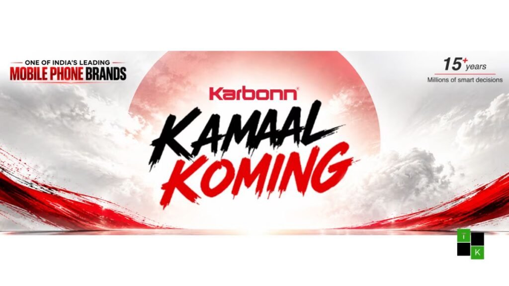 Official Karbonn teaser graphic displaying 'Kamaal Koming' in brush lettering against a rising sun backdrop with a silhouette of a modern budget smartphone.