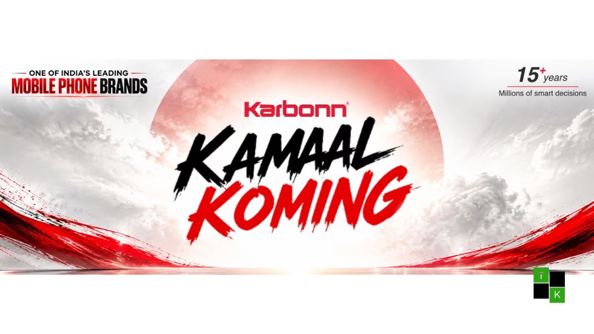 Official Karbonn teaser graphic displaying 'Kamaal Koming' in brush lettering against a rising sun backdrop with a silhouette of a modern budget smartphone.