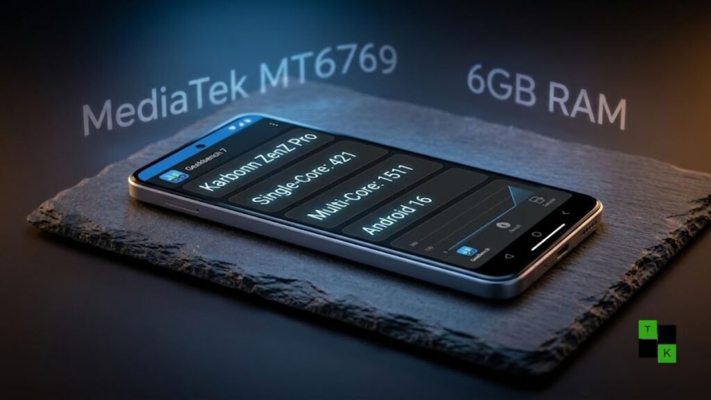 A modern entry-level smartphone displaying a Geekbench benchmark score overlay reading 421 single-core and 1511 multi-core on a dark studio surface.