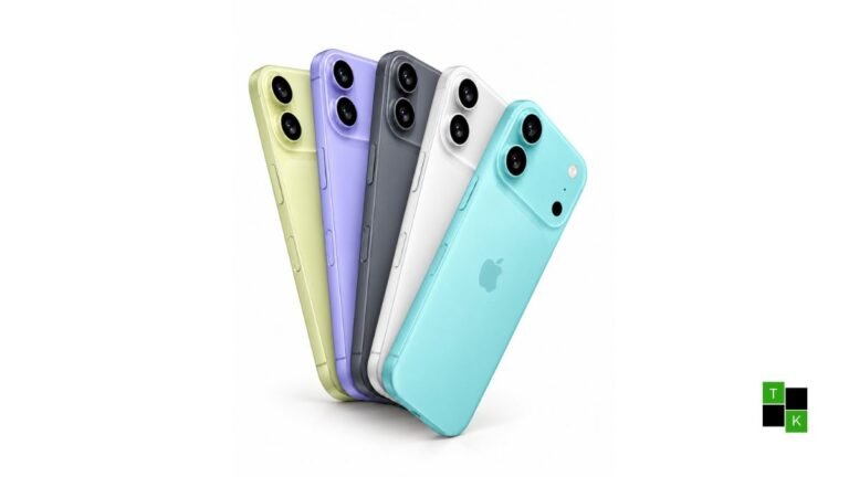 Leaked iPhone 18 renders showing five colorful finishes with a wide horizontal camera island housing two vertical lenses.