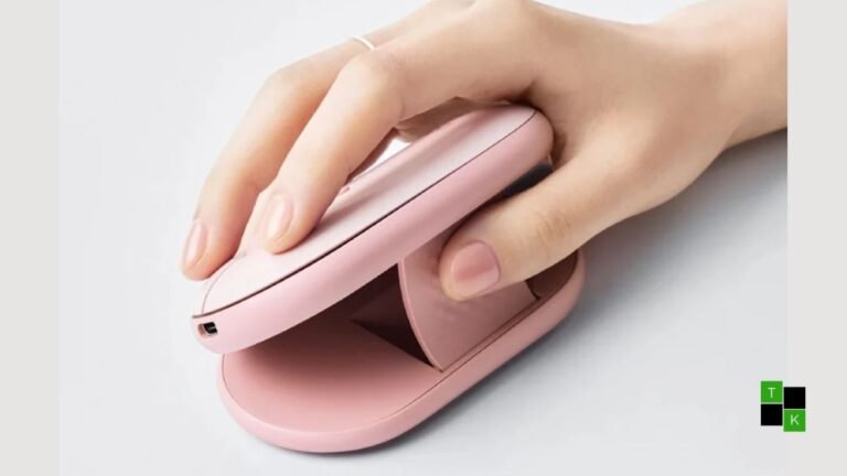 Logitech Pebble Up dual-form mouse in Tonal Rose finish shown in raised 35-degree ergonomic comfort mode next to a compact laptop.