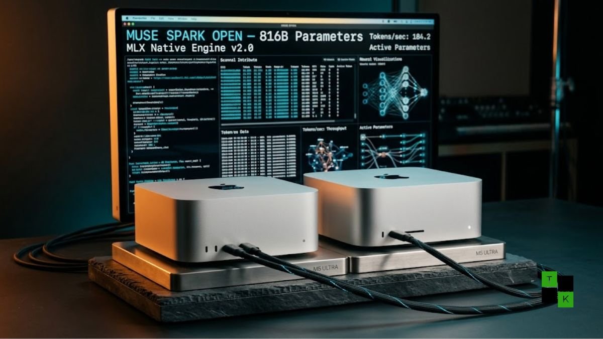 Two Apple Mac Studio workstations connected by high-speed cables on a dark slate desk displaying Muse Spark Open AI neural network nodes on a Pro Display screen.