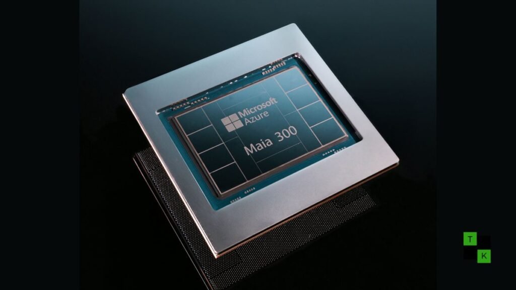 High-resolution hardware photograph of the Microsoft Azure Maia 300 processor die and package resting on an engineering plinth.