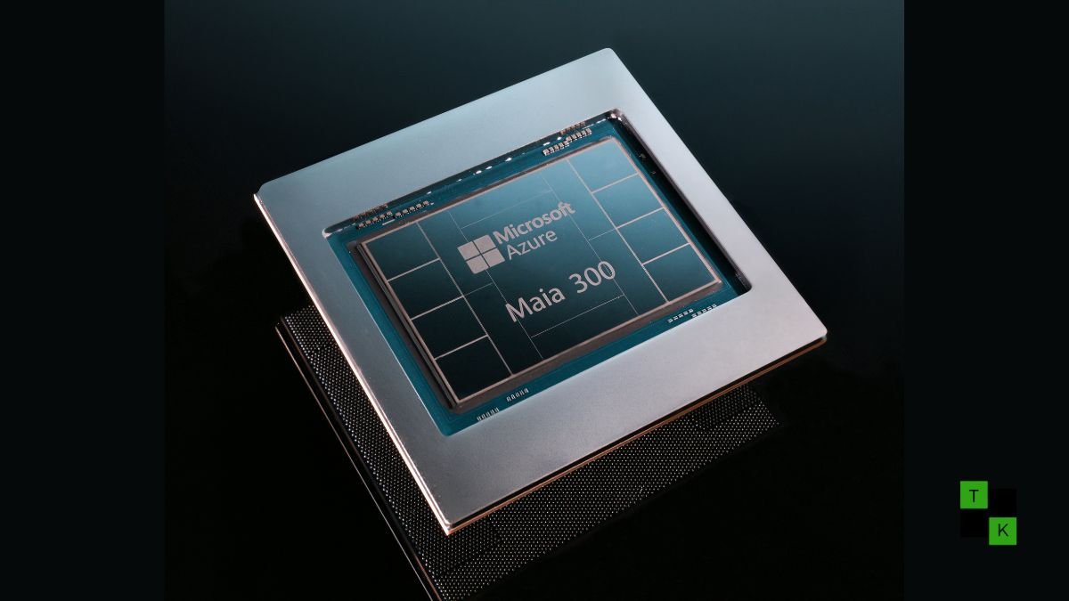 High-resolution hardware photograph of the Microsoft Azure Maia 300 processor die and package resting on an engineering plinth.
