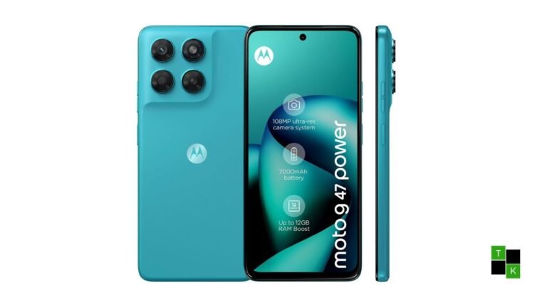 Conceptual product render of the Moto G47 Power 5G smartphone showing its vegan leather rear backplate and punch-hole 120Hz display.