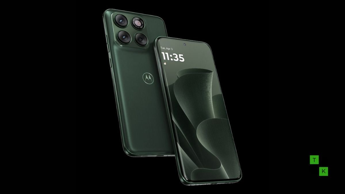 Motorola Edge 70 Neo 5G smartphone in Pantone Sage finish displaying 144Hz AMOLED screen and 50MP Sony LYTIA camera module.