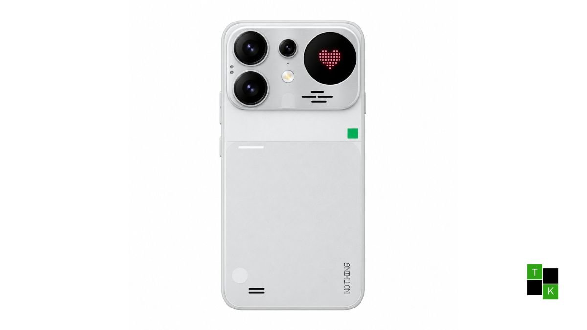 A concept render of the Nothing Phone 5b in translucent Dark Grey showing its triple rear cameras, glowing Glyph LED strips, and 120Hz display.