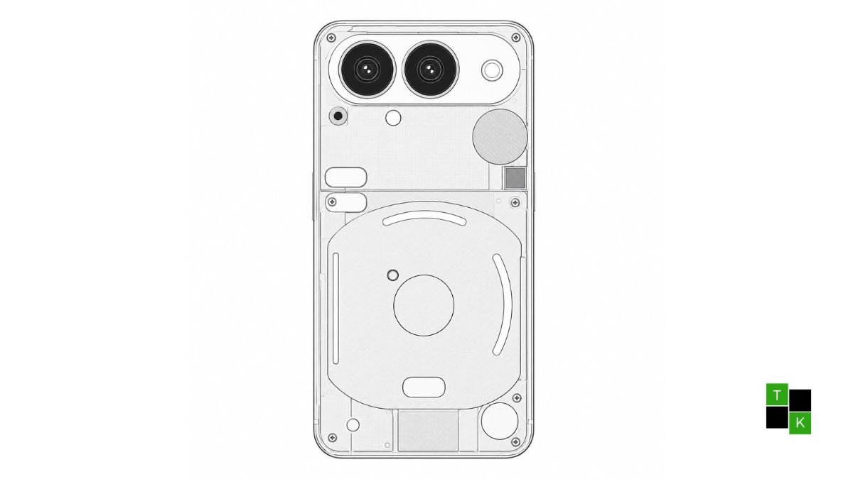 Nothing Phone S1 concept render in transparent dark finish showing compact 6.2-inch body, flat aluminum rails, and rear Glyph light strip.