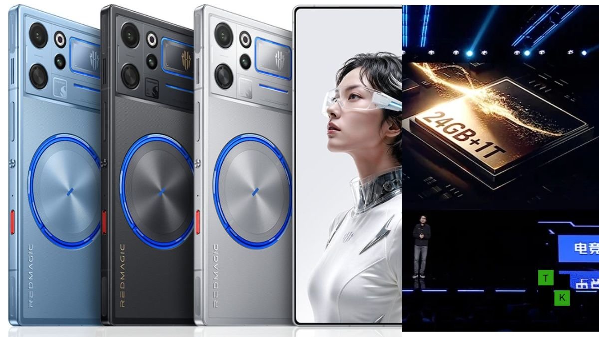 REDMAGIC 12 Pro+ gaming smartphone in Nightfreeze, Subzero, and Skyfrost showing its notchless 185Hz display and transparent back with RGB fan.