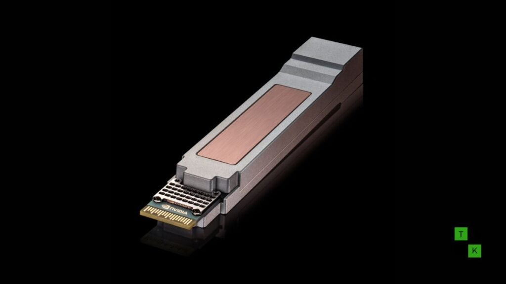NVIDIA and Cisco USFP optical transceiver module resting on a dark reflective surface displaying its high-density PCB edge pins and metallic heat sink.