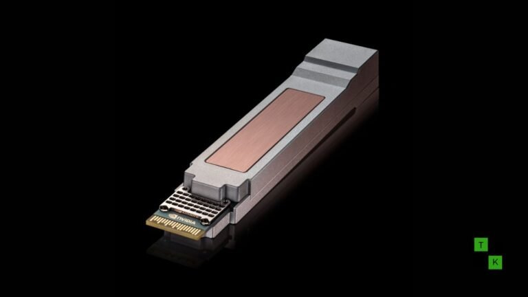 NVIDIA and Cisco USFP optical transceiver module resting on a dark reflective surface displaying its high-density PCB edge pins and metallic heat sink.