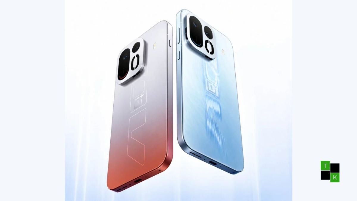OnePlus Ace 7 Pro smartphones shown in two-tone silver-copper gradient and frosted ice blue with square camera modules.