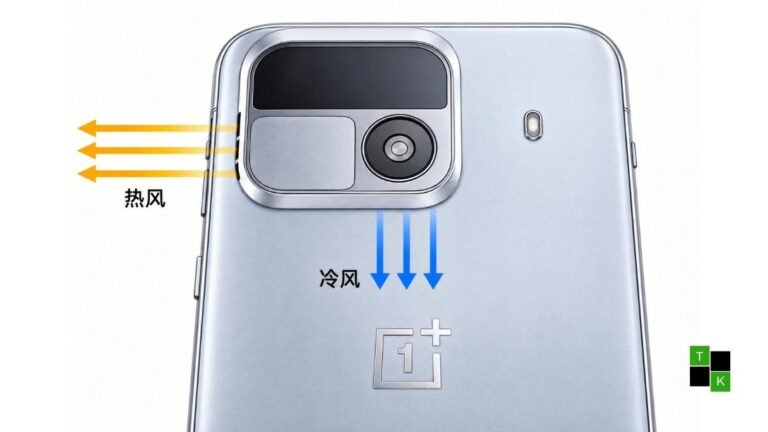 Conceptual product render of the OnePlus Ace 7 smartphone showing its flat 185Hz OLED screen and rear chassis with active cooling vents.