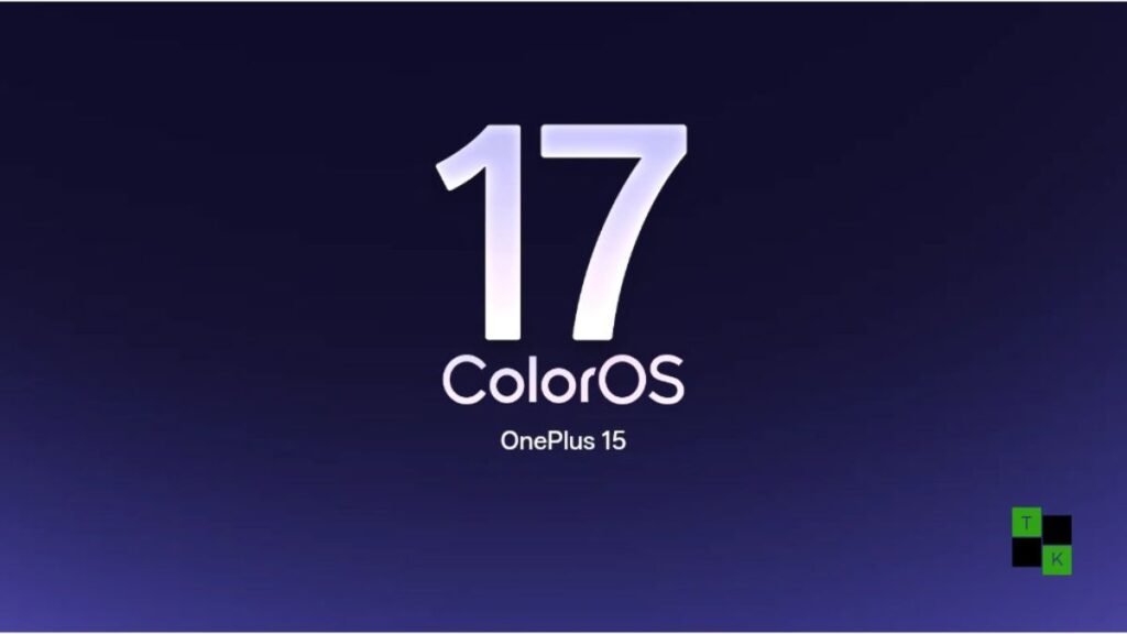 OnePlus 13 smartphone displaying ColorOS 17 Living Flow update screen with AI Mind Pilot and battery stats on an architectural desk.