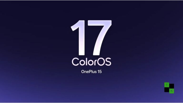 OnePlus 13 smartphone displaying ColorOS 17 Living Flow update screen with AI Mind Pilot and battery stats on an architectural desk.