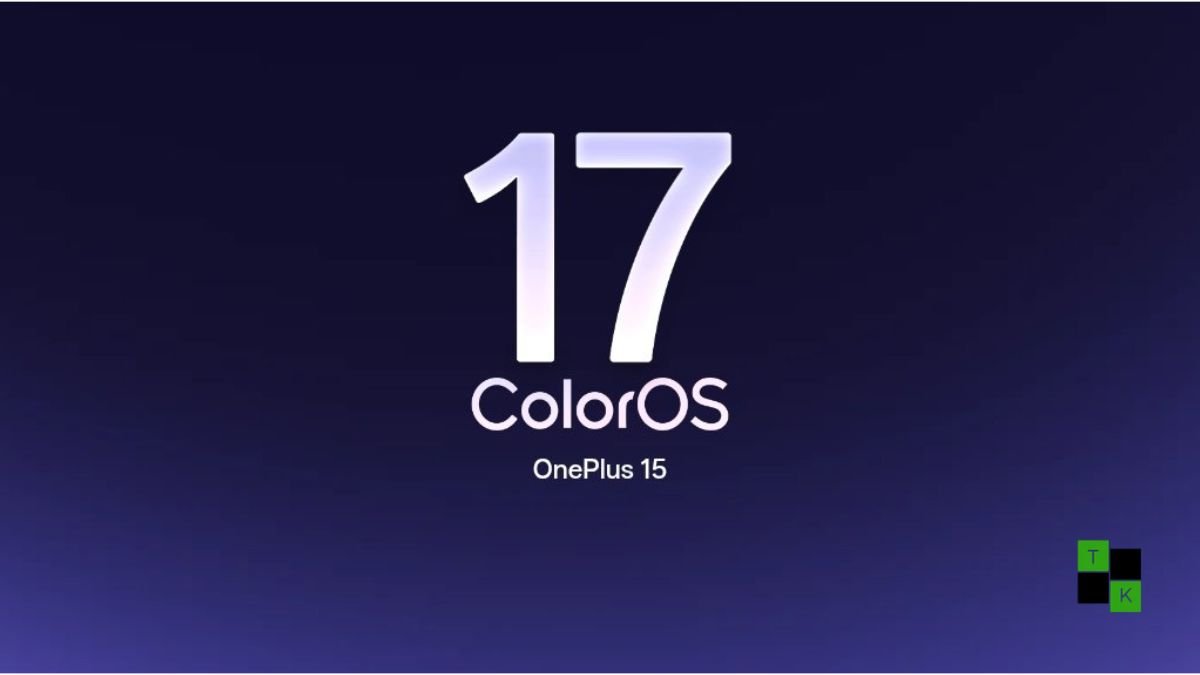 OnePlus 13 smartphone displaying ColorOS 17 Living Flow update screen with AI Mind Pilot and battery stats on an architectural desk.