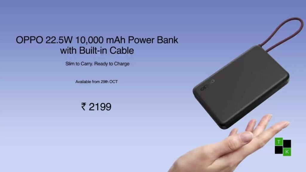 OPPO 22.5W 10,000mAh Power Bank in Matte Black finish showing its integrated braided USB-C cable and illuminated LED indicators.