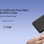 OPPO 22.5W 10,000mAh Power Bank in Matte Black finish showing its integrated braided USB-C cable and illuminated LED indicators.