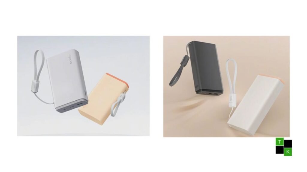 Oppo 80W and 67W SuperVOOC power banks in matte white and grey finishes resting on a slate desk showing dual USB ports.