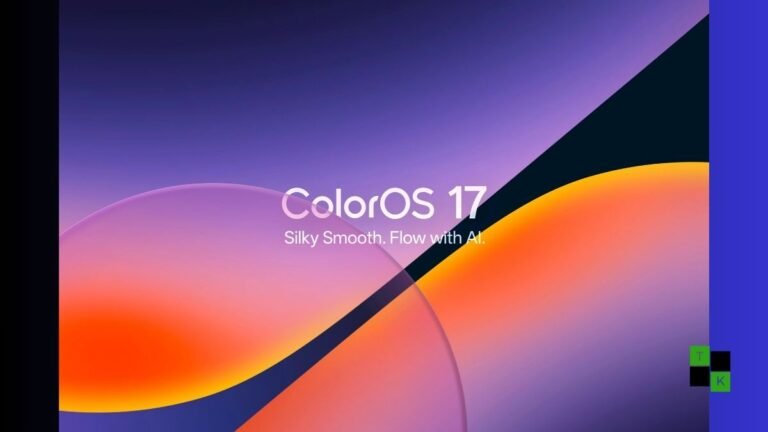 An Oppo flagship smartphone displaying the ColorOS 17 home screen and redesigned modular Control Center on an architectural studio surface.