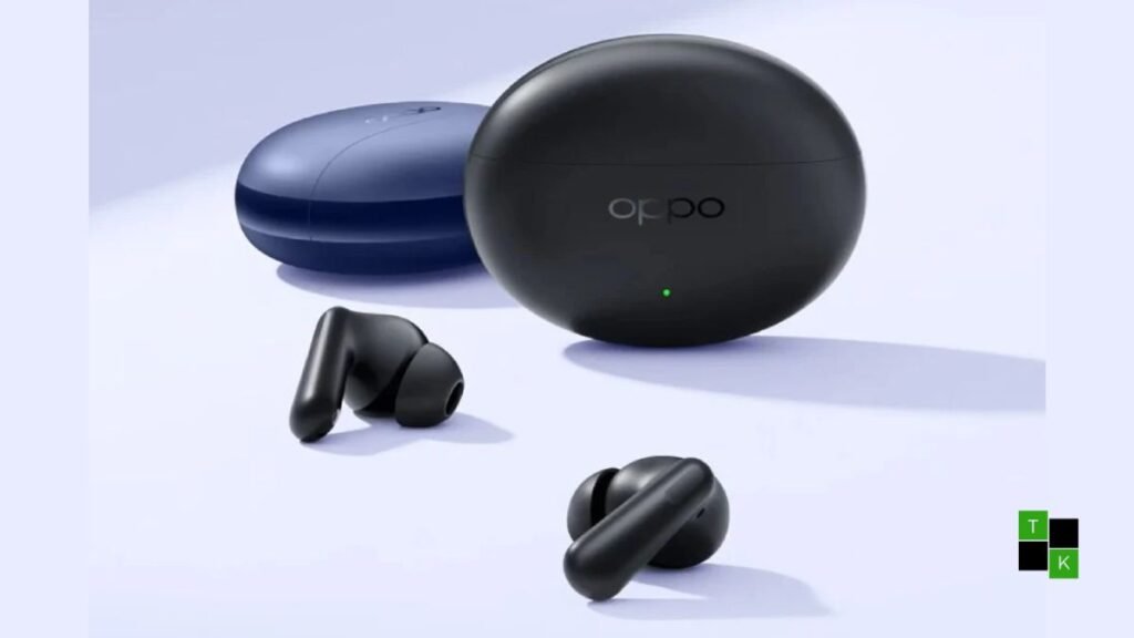 OPPO Enco Air4s true wireless earbuds in Midnight Black and Deep Blue resting on a studio plinth beside their charging case.