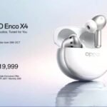 OPPO Enco X4 true wireless earbuds in Glacier White and Aurora Violet finishes resting beside their Qi wireless charging case.