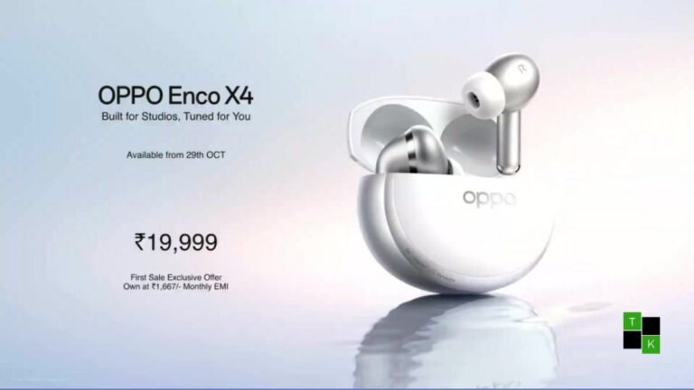 OPPO Enco X4 true wireless earbuds in Glacier White and Aurora Violet finishes resting beside their Qi wireless charging case.