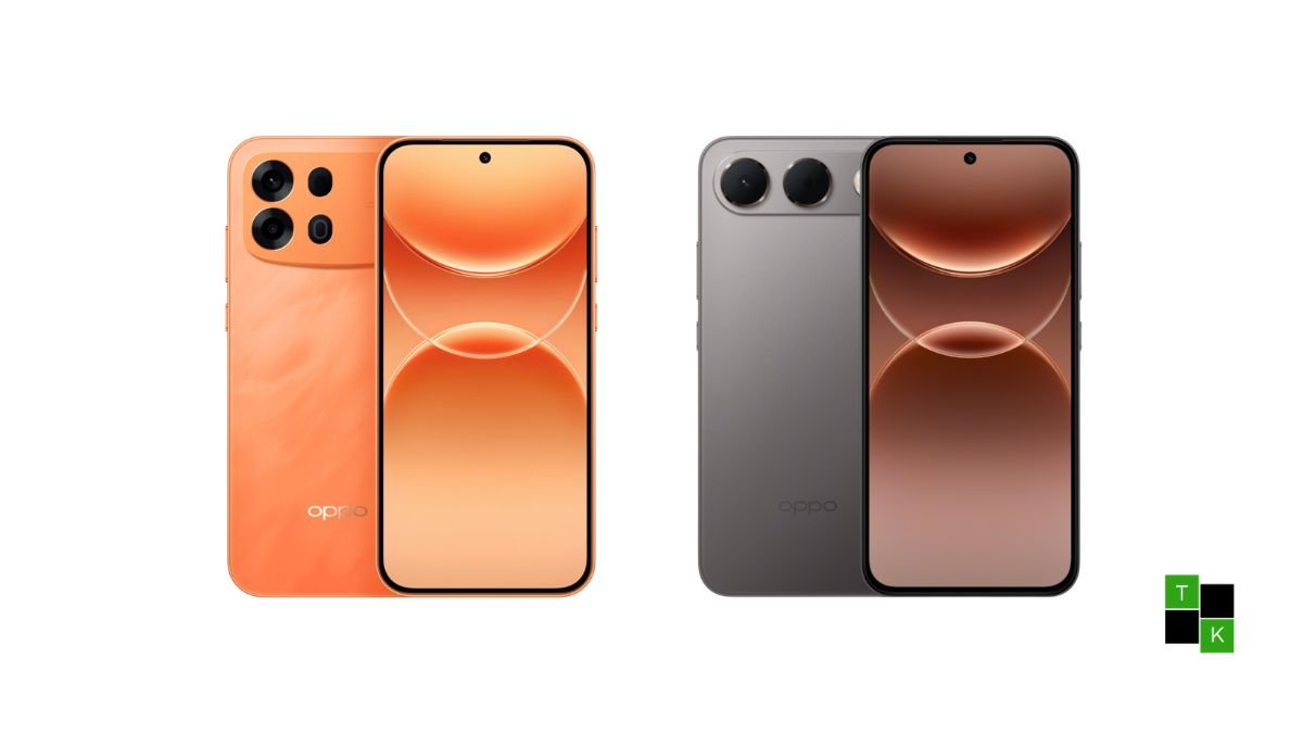 The OPPO F35 Pro in Sunrise Orange and OPPO F35 in Wave Blue displayed on a modern plinth showing their 144Hz AMOLED screens and rear camera modules.