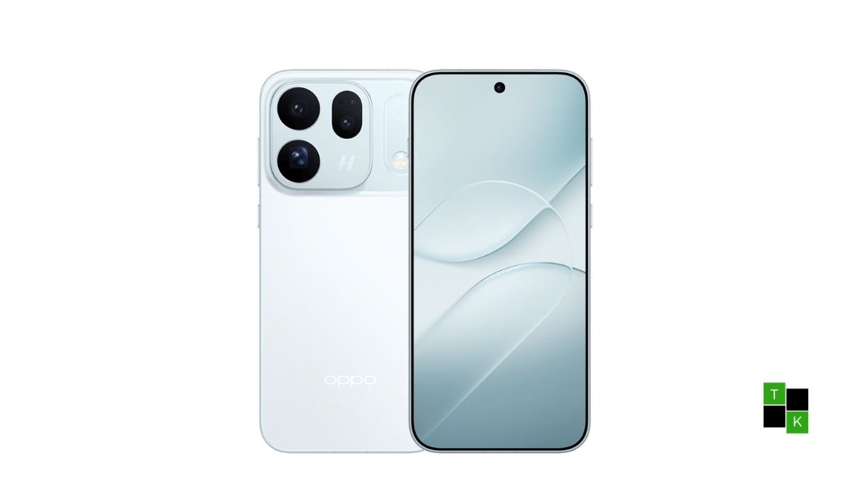 OPPO Find X10 smartphone in Light Titanium finish showing flat 6.59-inch 144Hz display and circular Hasselblad camera module.