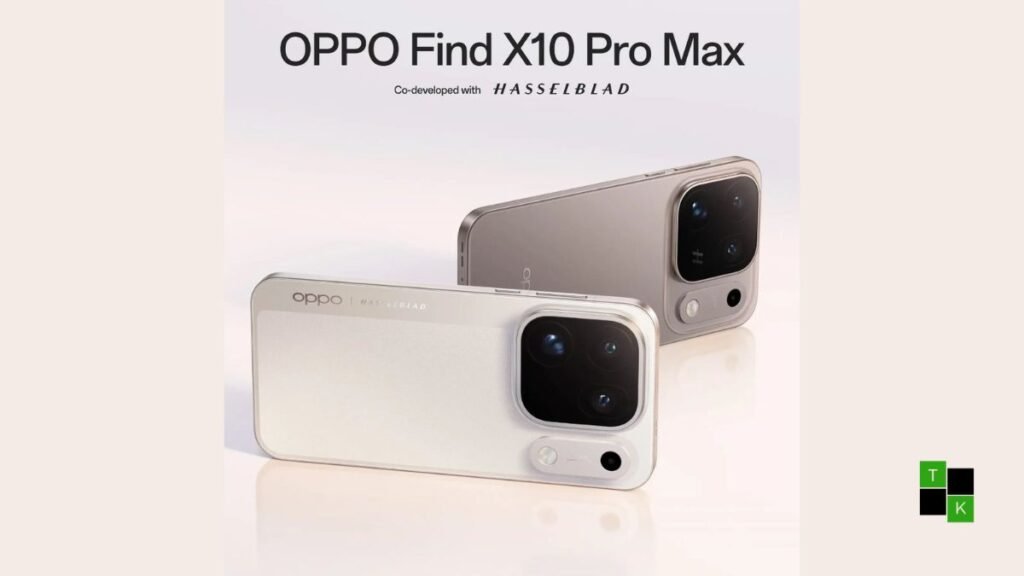 OPPO Find X10 Pro Max smartphone in Light Titanium finish showing its circular Hasselblad triple 200MP camera island and 144Hz OLED screen.