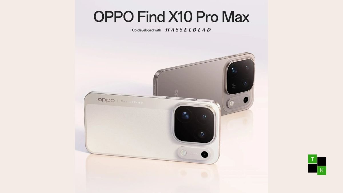 OPPO Find X10 Pro Max smartphone in Light Titanium finish showing its circular Hasselblad triple 200MP camera island and 144Hz OLED screen.