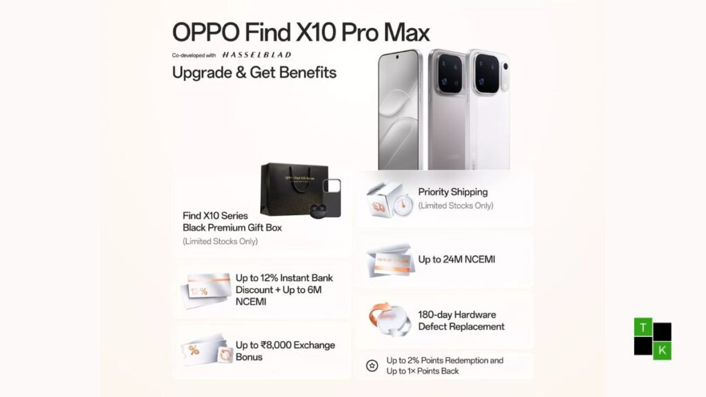 OPPO Find X10 Pro Max smartphone in Titanium Grey finish showing its circular Hasselblad triple 200MP camera island and 144Hz OLED screen.